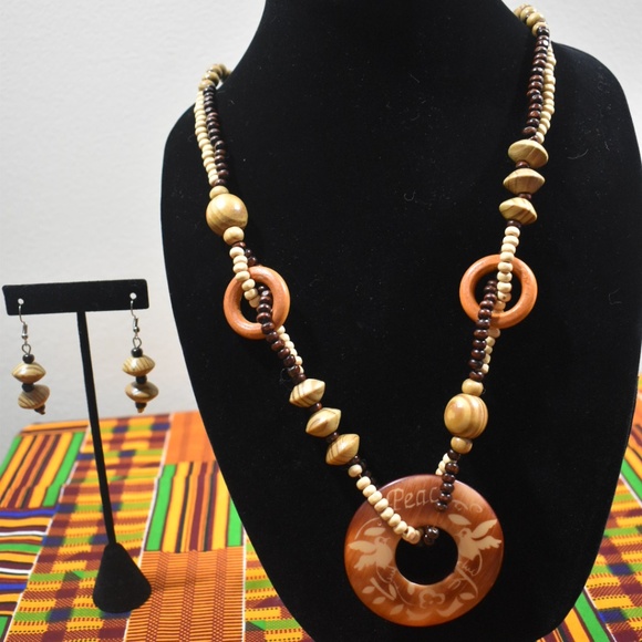 Jewelry - Matching Set: African Wooden Necklace and Earrings